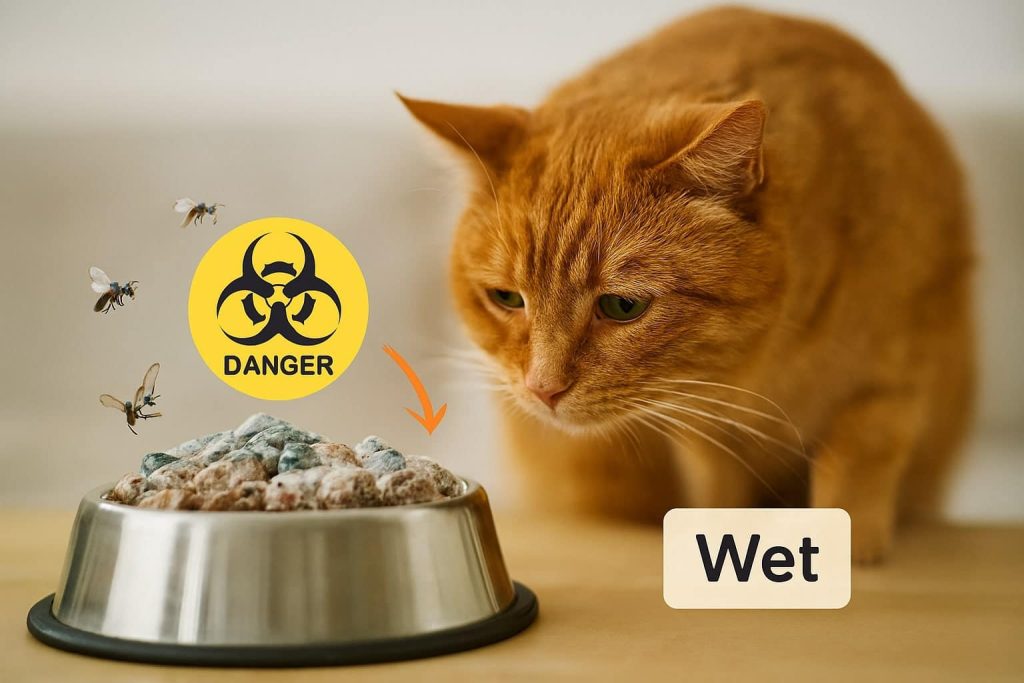 Close-up of a spoiled cat food bowl with mold and flies, while a cautious cat sniffs from the background — illustrating risks of contaminated food causing diarrhea in cats.
