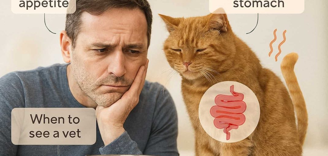 Worried cat owner looking at food bowl while cat has upset stomach — can cat food cause diarrhea illustration