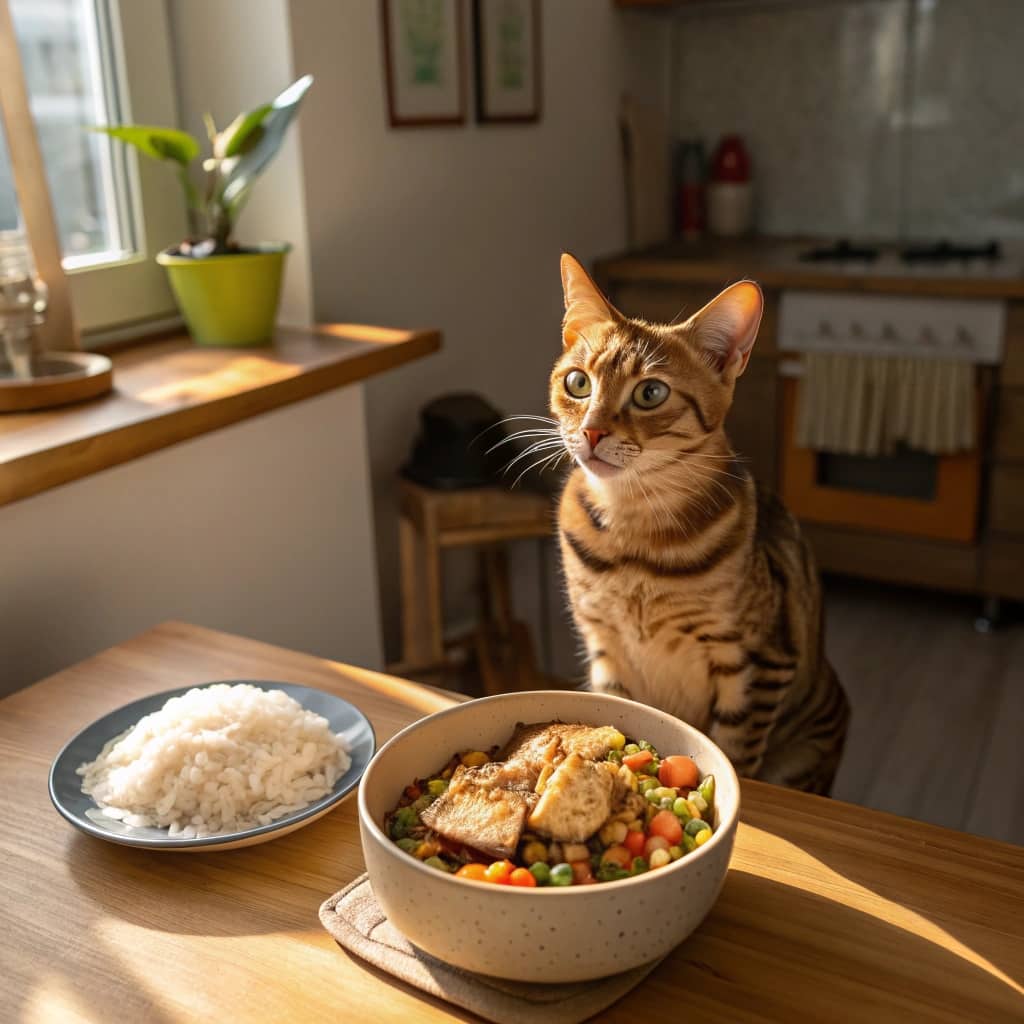 একটি সুস্থ সুন্দর বিড়াল কাঠের টেবিলে বসে ঘরে তৈরি খাবারের বাটির সামনে। খাবারে মুরগির মাংস, ভাত ও সবজি