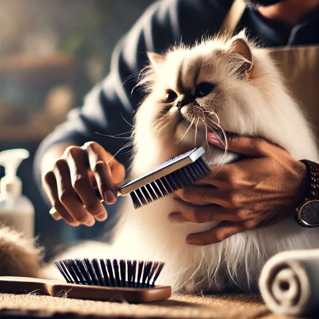 brushing a long-haired Persian cat-min