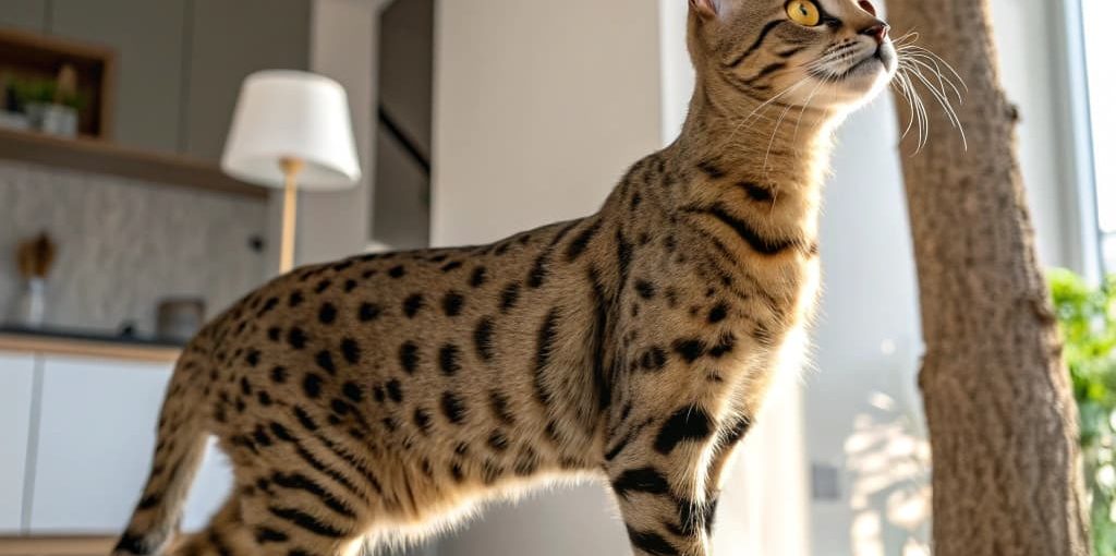 Serengeti cat breed standing in home showing spotted coat and long legs
