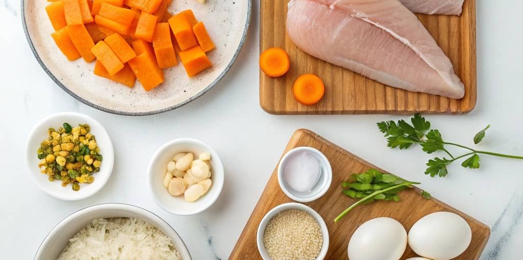 উপর থেকে তোলা ছবি - সাদা মার্বেল টেবিলে বিড়ালের খাবারের উপাদান সাজানো: মুরগির মাংস, তেলাপিয়া মাছ, ডিম, ভাত, গাজর, কুমড়া।