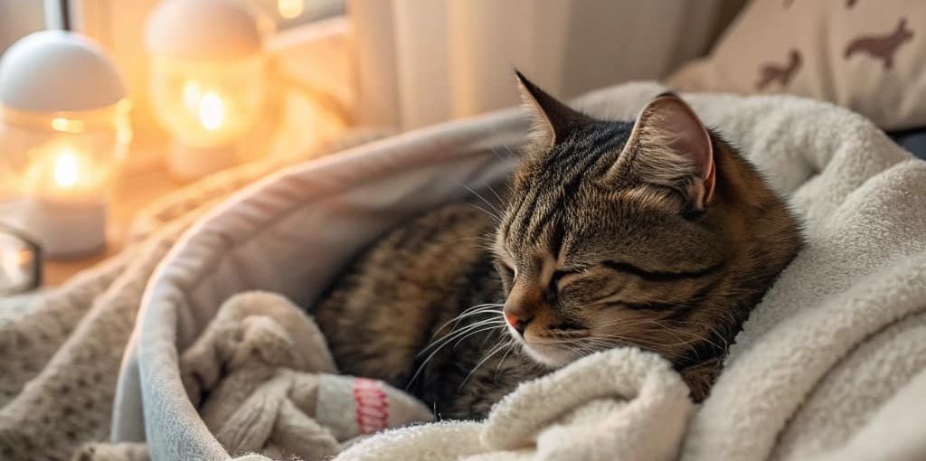 গর্ভবতী বিড়াল আরামে বসে আছে - বিড়ালের বাচ্চা হওয়ার লক্ষণ দেখাচ্ছে