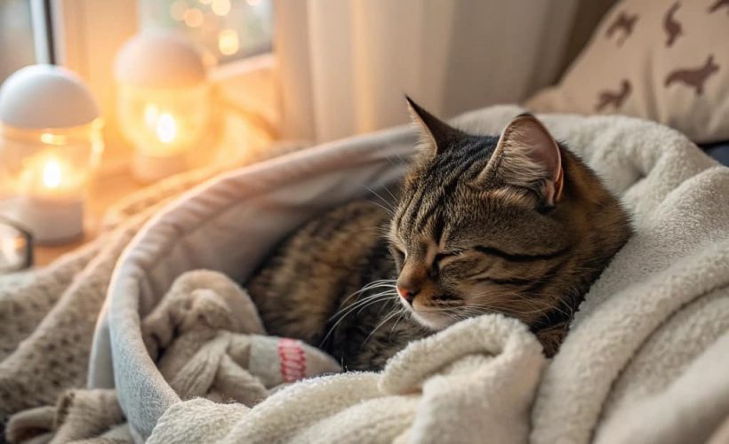 গর্ভবতী বিড়াল আরামে বসে আছে - বিড়ালের বাচ্চা হওয়ার লক্ষণ দেখাচ্ছে