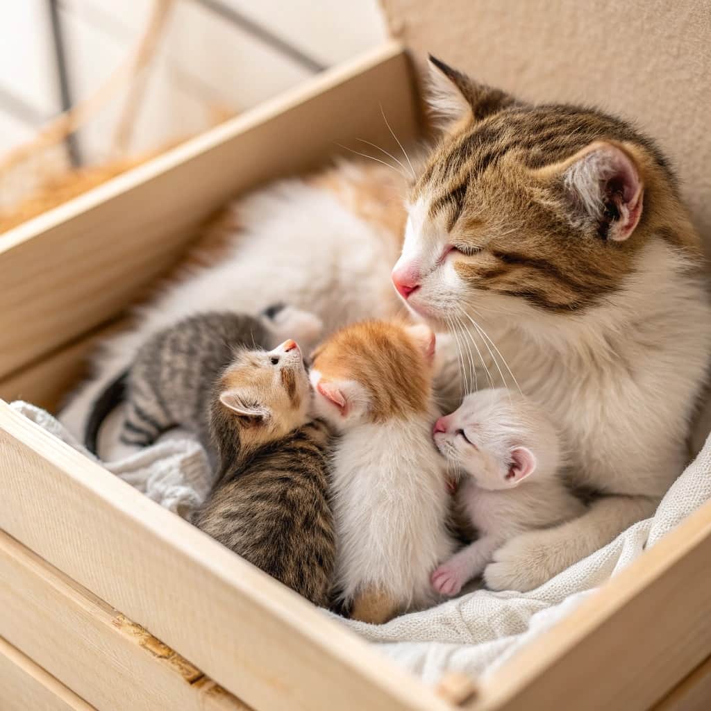 মা বিড়ালের সাথে নবজাতক বাচ্চা - সফল প্রসবের পর